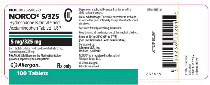 NDC 0023-6002-01
NORCO® 5/325
Hydrocodone Bitartrate and
Acetaminophen Tablets, USP
5 mg/325 mg
100 Tablets
Rx only
