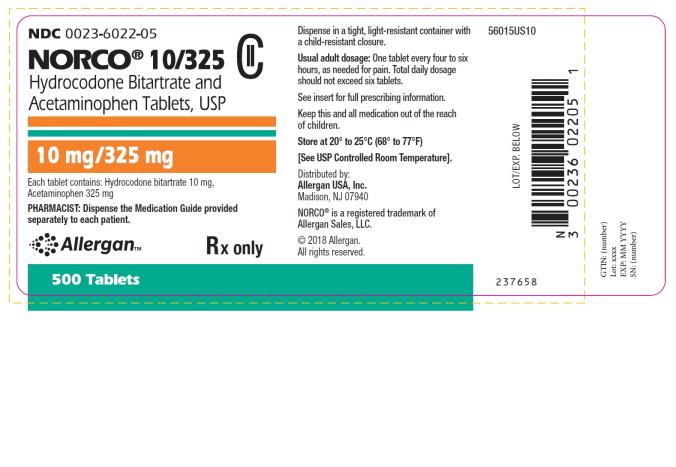 NDC 0023-6022-05
NORCO® 10/325
Hydrocodone Bitartrate and
Acetaminophen Tablets, USP
10 mg/325 mg
500 Tablets
Rx only
