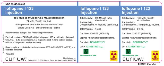 PRINCIPAL DISPLAY PANEL
NDC 69945-166-05
Ioflupane I 123  Injection
185 MBq (5 mCi) per 2.5 mL at calibration
74 MBq (2 mCi) per 1 mL
Radiopharmaceutical For Intravenous Use Only
Single-Dose Vial – Discard Unused Portion.
Recommended dosage: See Prescribing Information.
Each mL contains: 74 MBq (2 mCi) of Ioflupane I 123 at calibration date and time, 0.07 - 0.13 mcg ioflupane, 5.7 mg acetic acid, 7.8 mg sodium acetate, 0.05 ml of dehydrated alcohol (ethanol).
Store upright at controlled room temperature 20°C to 25°C (68°F to 77°F) in a shielded container.
Rx only
Total Activity: 185 MBq (5 mCi) at calibration
Radioactivity Concentration: 74 MBq/mL (2 mCi/mL)
Total Volume: 2.5 mL
Cal. time: 1200 ET (1100 CT)
Expires 7 hours after calibration time.
Cal. date:
Lot #:  
CAUTION
RADIOACTIVE MATERIAL 
CURIUM™ Logo
Manufactured by: 
Curium US LLC, 2703 Wagner Place, Maryland Heights, MO 63043
R10/2021     A166C0
