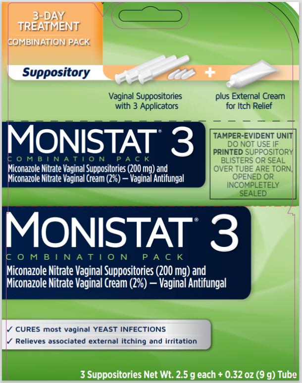 PRINCIPAL DISPLAY PANEL

MONISTAT® 3 
COMBINATION PACK
Miconazole Nitrate Vaginal Suppositories (200 mg) and Miconazole Nitrate Vaginal Cream (2%) 
VAGINAL ANTIFUNGAL
3 Suppositories Net Wt. 2.5 g each _ 0.32 oz (9 g) Tube
