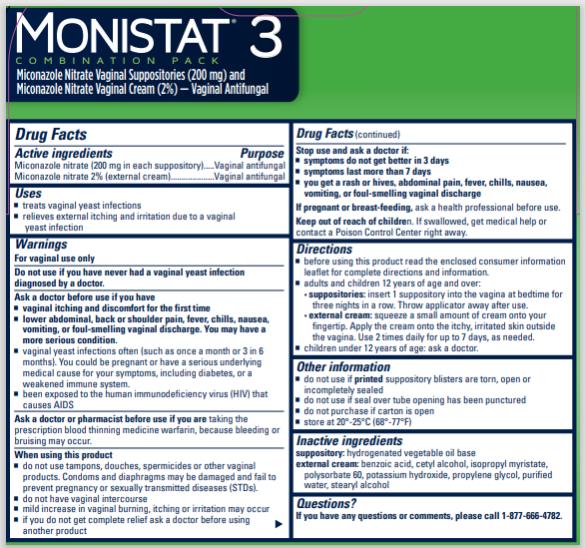PRINCIPAL DISPLAY PANEL

MONISTAT® 3 
COMBINATION PACK
Miconazole Nitrate Vaginal Suppositories (200 mg) and Miconazole Nitrate Vaginal Cream (2%) 
VAGINAL ANTIFUNGAL
3 Suppositories Net Wt. 2.5 g each _ 0.32 oz (9 g) Tube
