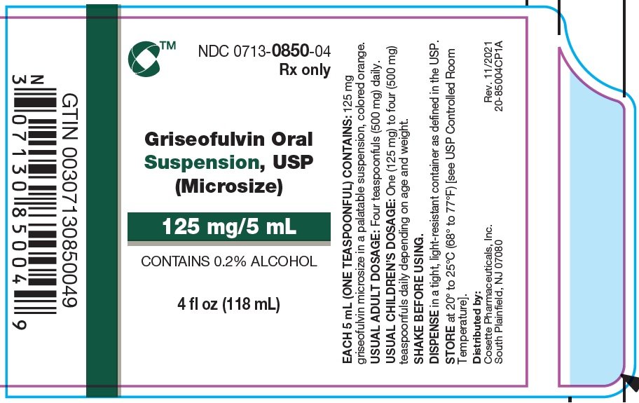 The label for 4 fl oz Griseofulvin Oral Suspension, USP (Microsize) 125 mg/5 mL