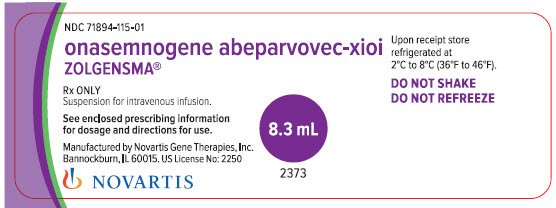 PRINCIPAL DISPLAY PANEL
								NDC 71894-115-01
								onasemnogene abeparvovec-xioi ZOLGENSMA®
								Rx ONLY
								Suspension for intravenous infusion.
								See enclosed prescribing information for dosage and directions for use.
								Manufactured by Novartis Gene Therapies, Inc. Bannockburn, IL 60015. US License No: 2250
								8.3 mL
								NOVARTIS