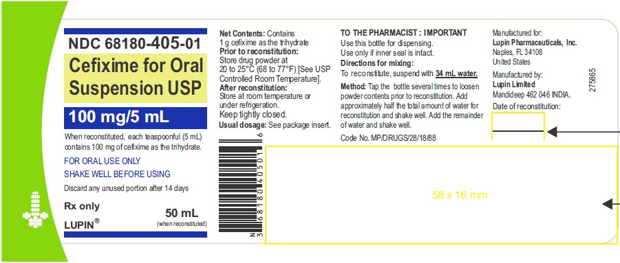 CEFIXIME FOR ORAL SUSPENSION USP
100 mg/5 mL
Rx only
NDC 68180-405-01: Bottle of 50 mL