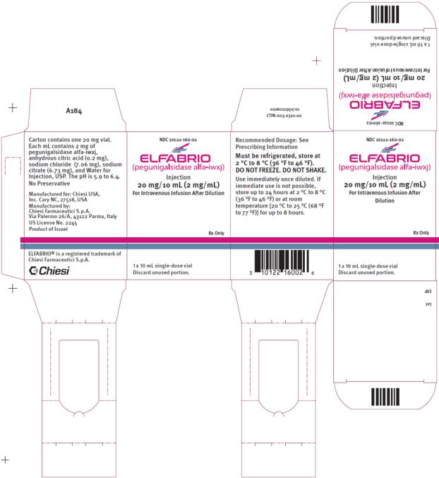 NDC 10122-160-02 ELFABRIO (pegunigalsidase alfa-iwxj) Injection 20 mg/ 10 mL (2 mg/ml) For Intravenous Infusion After Dilution Rx Only 1 x 10 mL single-dose vial Discard unused portion.