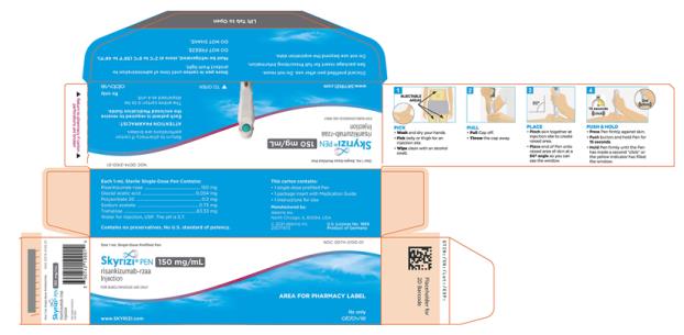 NDC 0074-2100-01
One 1 mL Single-Dose Prefilled Pen
Skyrizi® PEN 150 mg/mL
risankizumab-rzaa Injection 
FOR SUBCUTANEOUS USE ONLY
Return to pharmacy if carton perforations are broken.
ATTENTION PHARMACIST:
Each patient is required to receive 
the enclosed Medication Guide.
This entire carton is dispensed as a unit.
www.SKYRIZI.com
Rx only
abbvie


