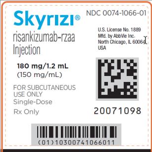 NDC 0074-5015-01 
Skyrizi®
risankizumab-rzaa Injection 
600 mg/10 mL
(60 mg/mL)
FOR INTRAVENOUS USE ONLY 
Must be diluted prior to use
One 10 mL Single-Dose Vial-
Discard Unused Portion
Attention: Dispense the enclosed Medication Guide to each patient.
Rx only
abbvie

