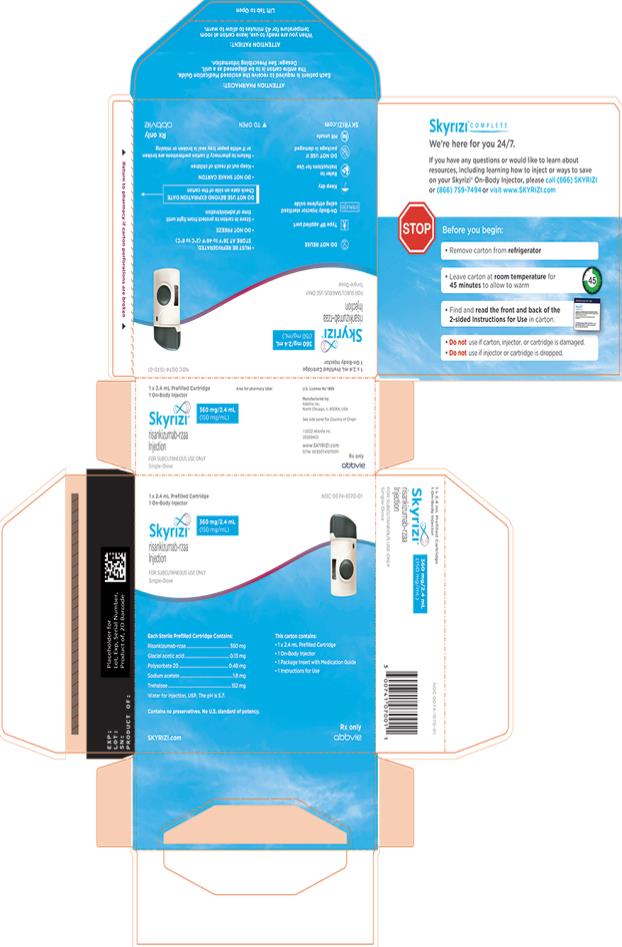 NDC 0074-5015-01 
Skyrizi®
risankizumab-rzaa Injection 
600 mg/10 mL
(60 mg/mL)
FOR INTRAVENOUS USE ONLY 
Must be diluted prior to use
One 10 mL Single-Dose Vial-
Discard Unused Portion
Attention: Dispense the enclosed Medication Guide to each patient.
Rx only
abbvie

