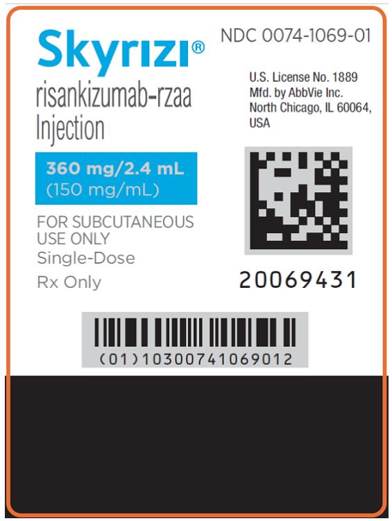 NDC 0074-1069-02
NOT FOR SALE
Skyrizi®
Risankizumab-rzaa
Injection
360 mg/2.4 mL
(150 mg/mL)
FOR SUBCUTANEOUS USE ONLY
Single-Dose
Rx Only
