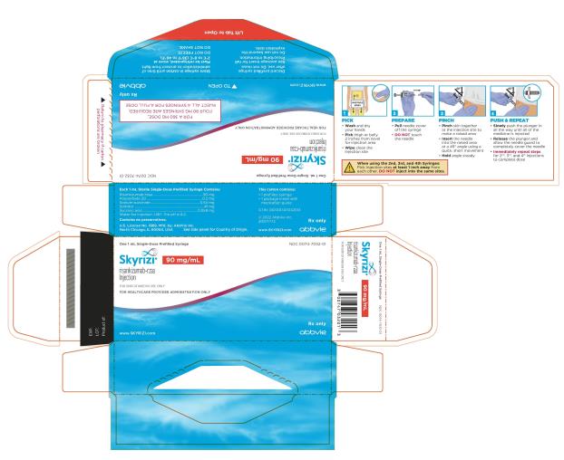 NDC 0074-7040-02
2 x 90 mg/mL Single Dose Prefilled Syringes
Skyrizi®
90 mg/mL per syringe
2 x 90 mg/mL Single-Dose Prefilled
Syringes for a total 180 mg/2 mL dose
risankizumab-rzaa 
Injection 
FOR SUBCUTANEOUS USE ONLY
Return to pharmacy if carton perforations are broken.
ATTENTION PHARMACIST:
Each patient is required to receive 
the enclosed Medication Guide.
This entire carton is dispensed as a unit.
FOR A 180 MG DOSE,
TWO 90 MG SYRINGES ARE REQUIRED.
INJECT 2 SYRINGES FOR A FULL DOSE.
www.SKYRIZI.com
Rx only
abbvie
