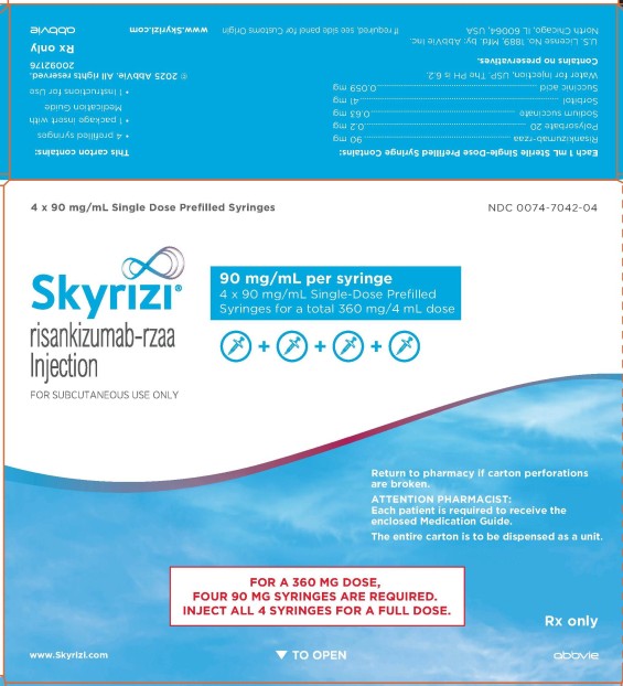 NDC 0074-7042-04 

4 x 90 mg/mL Single Dose Prefilled Syringes

Skyrizi®
90 mg/mL per syringe
4 x 90 mg/mL Single-Dose Prefilled
Syringes for a total 360 mg/4 mL dose
risankizumab-rzaa 
Injection
FOR SUBCUTANEOUS USE ONLY
Return to pharmacy if carton perforations are broken.

ATTENTION PHARMACIST:
Each patient is required to receive the
enclosed Medication Guide.
This entire carton is to be dispensed as a unit.

FOR A 360 MG DOSE,
FOUR 90 MG SYRINGES ARE REQUIRED.
INJECT ALL 4 SYRINGES FOR A FULL DOSE.
www.Skyrizi.com
Rx only
abbvie
