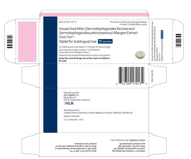 NDC 52709-1701-3
House Dust Mite (Dermatophagoides farinae and 
Dermatophagoides pteronyssinus) Allergen Extract
ODACTRA™
Tablet for sublingual use 12SQ-HDM
Rx Only
