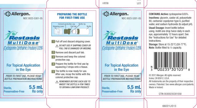 NDC 0023-5301-05
abbvie
Restasis
MultiDose™
(Cyclosporine Ophthalmic Emulsion) 0.05%
For Topical Application 
In the Eye
PRIOR TO FIRST USE, PLEASE READ 
BOTTLE PREPARATION INSTRUCTIONS
Sterile, 5.5 mL
Preservative-Free Rx Only
