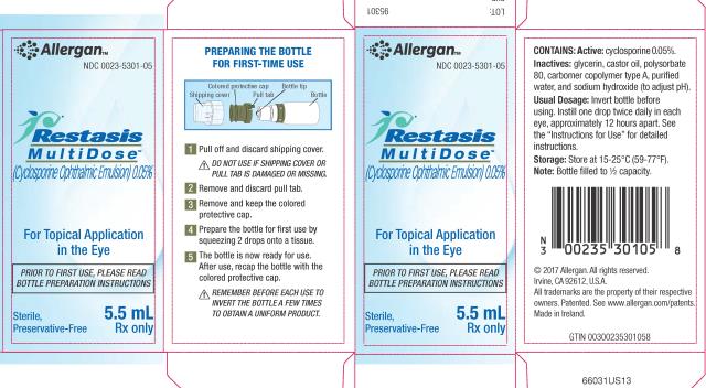 Allergan™
NDC 0023-5301-05
Restasis
MultiDose™
(Cyclosporine Ophthalmic Emulsion) 0.05%
For Topical Application 
In the Eye
PRIOR TO FIRST USE, PLEASE READ 
BOTTLE PREPARATION INSTRUCTIONS
Sterile, 5.5 mL
Preservative-Free Rx Only

