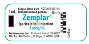 NDC 0074–4637–01 
1 mL Single-Dose Vial 
Discard unused portion 
Zemplar®(paricalcitol) Injection 2 mcg/mL 
For Intravenous Use 
Mfd for: AbbVie Inc, N. Chgo, IL 60064 USA 
Rx only 
