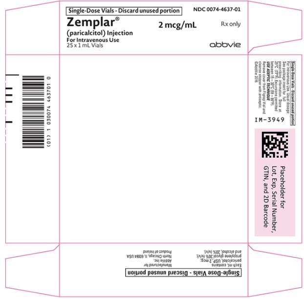 NDC 0074-4637-01 
Single-Dose Vials - Discard unused portion 
Zemplar® 2mcg/mL Rx only 
(paricalcitol) Injection 
For Intravenous Use 
25 x 1 mL Vials abbvie 
