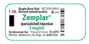 NDC 0074–1658–01 
1 mL Single-Dose Vial 
Discard unused portion 
Zemplar®(paricalcitol) Injection 5 mcg/mL 
For Intravenous Use 
Mfd for: AbbVie Inc., N. Chgo, IL 60064 USA 
Rx only 
