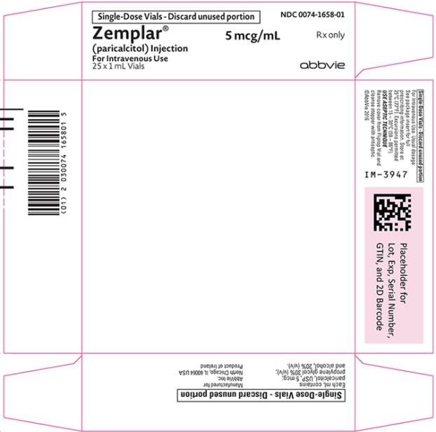 NDC 0074-1658-01 
Single-Dose Vials - Discard unused portion 
Zemplar® 5mcg/mL Rx only 
(paricalcitol) Injection 
for Intravenous use 
25 x 1 mL Vials abbvie 
