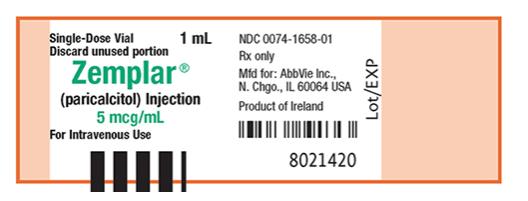 NDC 0074-1658-01
Single-Dose Vial   1 mL
Discard unused portion
Zemplar®
(paricalcitol) Injection
5 mcg/mL
For Intravenous Use
Rx only
