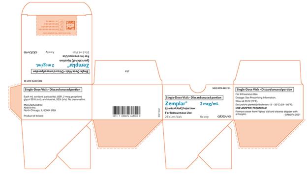 NDC 0074-4637-01
Single-Dose Vials – Discard unused portion
Zemplar®   2 mcg/mL
(paricalcitol) Injection
For Intravenous Use
25 x 1 mL Vials
Rx only
abbVie
