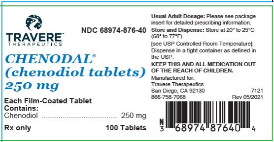 PRINCIPAL DISPLAY PANEL
– 250 mg Tablet Bottle Label 
NDC- 68974-876-40
Travere Therapeutics 
Chenodal® 
(chenodiol tablets)
250mg 
Each Film-Coated Tablet Contains:
Chenodiol………………………… 250 mg
Rx only            
100 Tablets

Usual Adult Dosage: Please see package insert for detailed prescribing information. 
Store and Dispense: Store at 20° to 25°C (68° to 77°F)
[see USP Controlled Room Temperature].
Dispense in a tight container as defined in the USP. 
KEEP THIS AND ALL MEDICATION OUT OF THE REACH OF CHILDREN. 
Manufactured for:
Travere Therapeutics 
San Diego, CA 92130
866-758-7068
7121
Rev 05/2021
