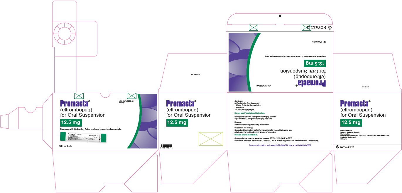 NDC 0078-0972-61
								Rx only
								Promacta®
								(eltrombopag)
								for Oral Suspension
								12.5 mg
								Dispense with Medication Guide enclosed or provided separately.
								30 Packets
								NOVARTIS
							