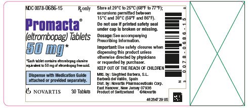 NDC 0078-0686-15
								Rx only
								Promacta®
								(eltrombopag) Tablets
								50 mg*
								Swallow tablets whole. Do not split, chew, or crush tablets.
								Dispense with Medication Guide attached or provided separately.
								NOVARTIS
								30 Tablets
							