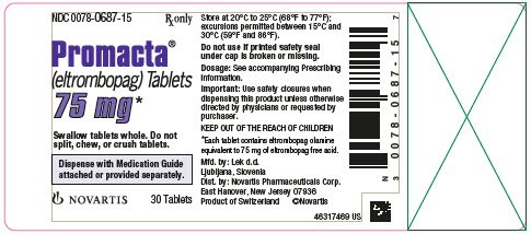 NDC 0078-0687-15
								Rx only
								Promacta®
								(eltrombopag) Tablets
								75 mg*
								Swallow tablets whole. Do not split, chew, or crush tablets.
								Dispense with Medication Guide attached or provided separately.
								NOVARTIS
								30 Tablets
							