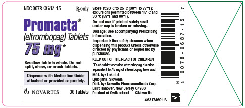 NDC 0078-0687-15
								Rx only
								Promacta®
								(eltrombopag) Tablets
								75 mg*
								Swallow tablets whole. Do not split, chew, or crush tablets.
								Dispense with Medication Guide attached or provided separately.
								NOVARTIS
								30 Tablets
							