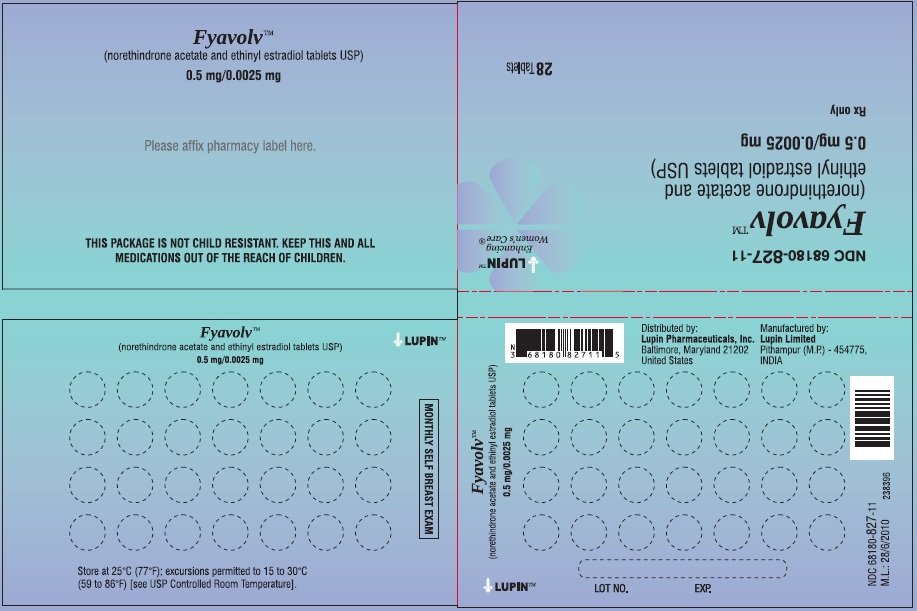 Fyavolv (norethindrone and ethinyl estradiol tablets USP) 
0.5 mg/0.0025 mg
Rx Only
NDC 68180-827-13
Wallet Label: 28 Tablets