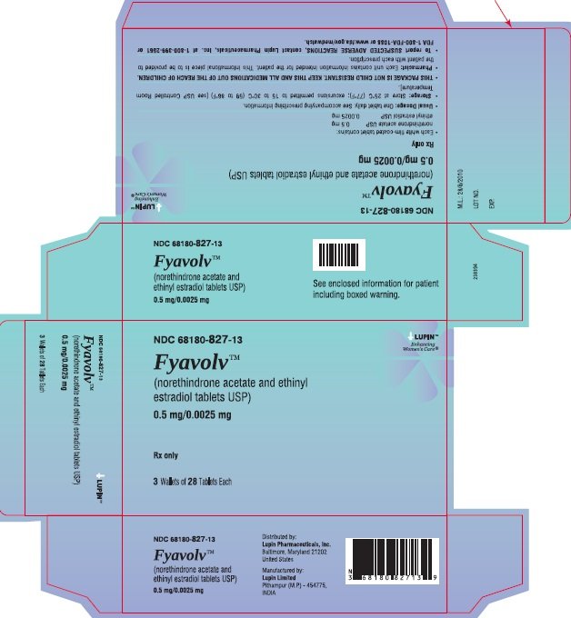 Fyavolv (norethindrone and ethinyl estradiol tablets USP) 
0.5 mg/0.0025 mg
Rx Only
NDC 68180-827-13
Carton Label: 3 Wallets of 28 Tablets Each