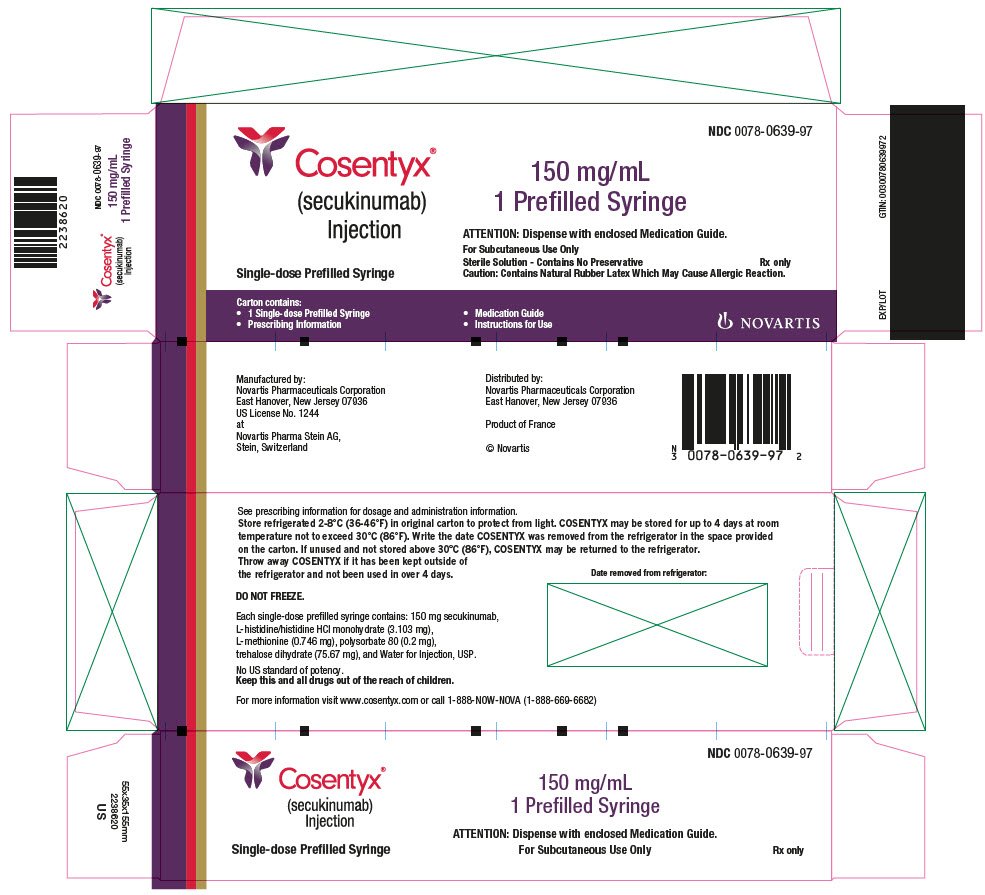 PRINCIPAL DISPLAY PANEL
								NDC 0078-0639-97
								Cosentyx®
								(secukinumab)
								Injection
								Single-dose Prefilled Syringe
								150 mg/mL
								1 Prefilled Syringe
								ATTENTION: Dispense with enclosed Medication Guide.
								For Subcutaneous Use Only
								Sterile Solution - Contains No Preservative
								Caution:  Contains Natural Rubber Latex Which May Cause Allergic Reaction.
								Rx only
								NOVARTIS