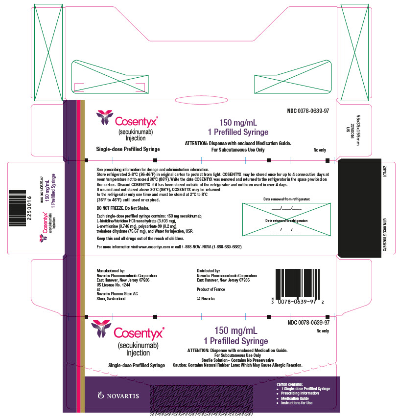 PRINCIPAL DISPLAY PANEL
								NDC 0078-0639-97
								Rx only
								Cosentyx®
								(secukinumab)
								Injection
								Single-dose Prefilled Syringe
								150 mg/mL
								1 Prefilled Syringe
								ATTENTION: Dispense with enclosed Medication Guide.
								For Subcutaneous Use Only
								Sterile Solution - Contains No Preservative
								Caution: Contains Natural Rubber Latex Which May Cause Allergic Reaction.
								NOVARTIS