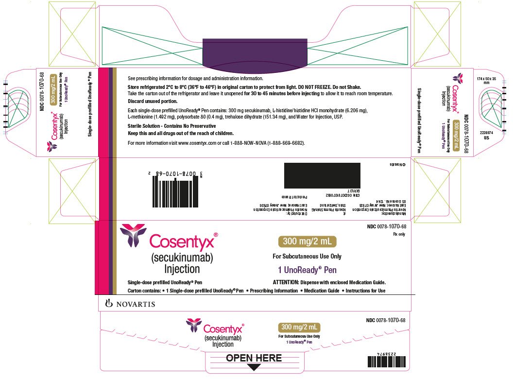 PRINCIPAL DISPLAY PANEL
								NDC 0078-1070-68
								Rx only
								Cosentyx®
								(secukinumab)
								Injection
								Single-dose prefilled UnoReady® Pen
								300 mg/2 mL
								For Subcutaneous Use Only
								1 UnoReady® Pen
								ATTENTION: Dispense with enclosed Medication Guide.
								Carton contains: • 1 Single-dose prefilled UnoReady® Pen • Prescribing Information • Medication Guide • Instructions for Use
								NOVARTIS