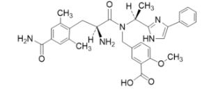 The chemical structure of eluxadoline is Eluxadoline has a molecular weight of 569.65 and a molecular formula of C32H35N5O5. 