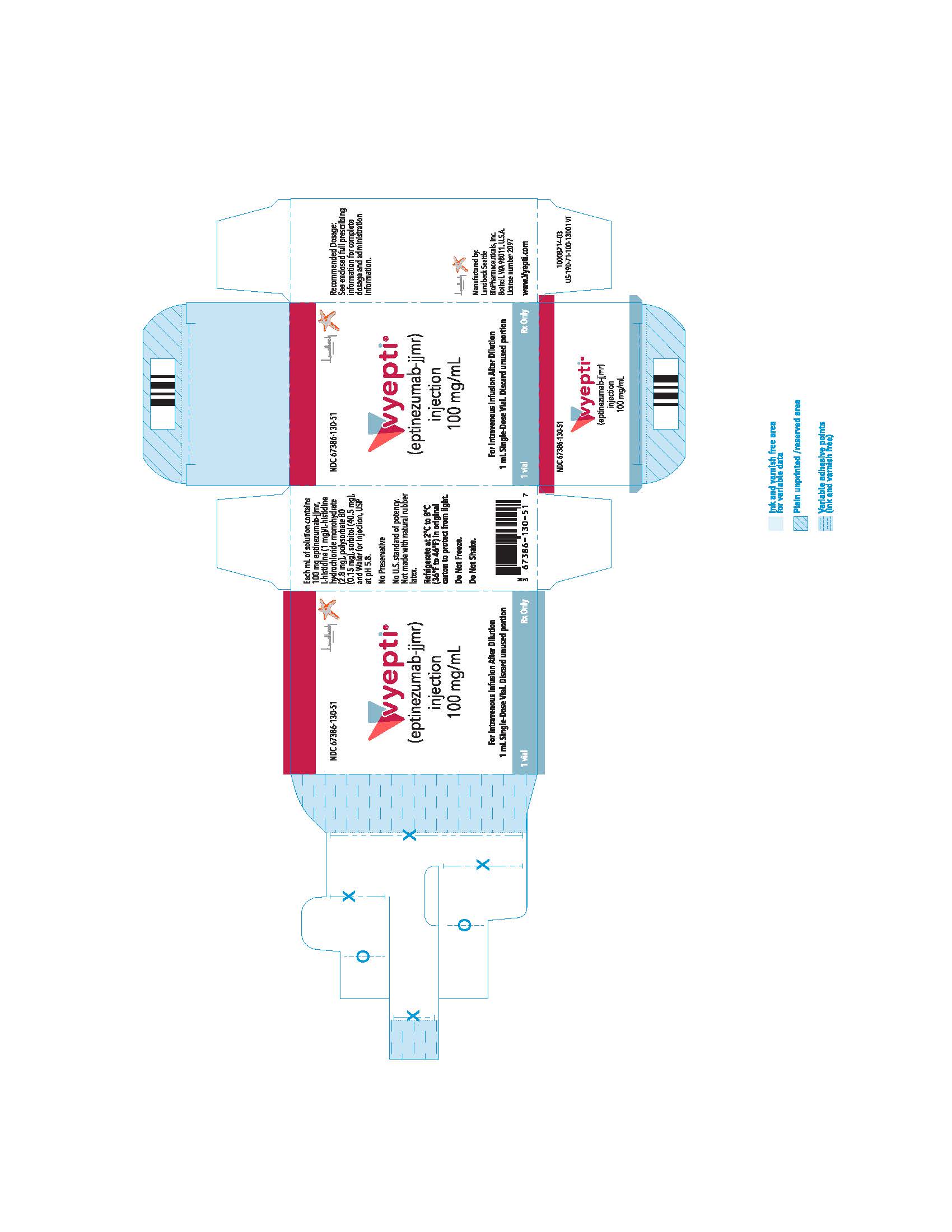 NDC 67386-130-51 VYEPTITM (vye ep' tee) (eptinezumab-jjmr) injection, for intravenous use 100 mg/mL injection, for intravenous use 100 mg/mL