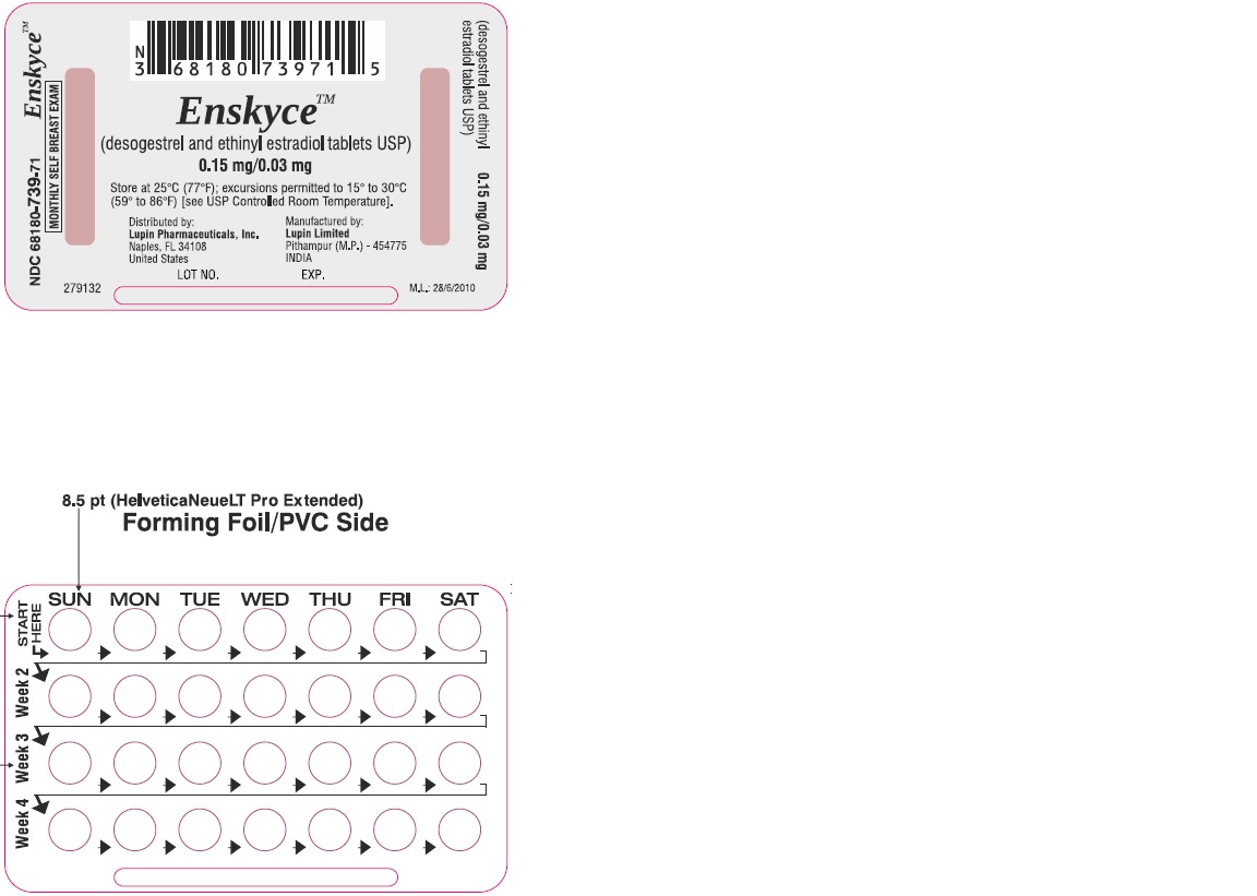 Enskyce
(desogestrel and ethinyl estradiol Tablets USP)
0.15 mg/0.03 mg
Rx Only
NDC 68180-739-71
Wallet Label: 28 Tablets