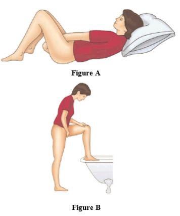 Choose the position that is most comfortable for you. For example, lying  down or standing with 1 leg up (See Figures A and B).