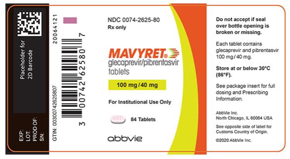 PRINCIPAL DISPLAY PANEL
NDC 0074-2625-80
Rx only
MAVYRET®
glecaprevir/pibrentasvir tablets
100 mg/40 mg 
For Institutional Use Only84 Tablets
abbvie
Do not accept if seal over bottle opening is broken or missing.
Each tablet contains glecaprevir and pibrentasvir 100 mg/40 mg.
Store at or below 30°C (86°F).
See package insert for full Prescribing Information.
AbbVie Inc.
North Chicago, IL 60064 USA
See opposite side of label for Customs Country of Origin.
©2020 AbbVie Inc.
