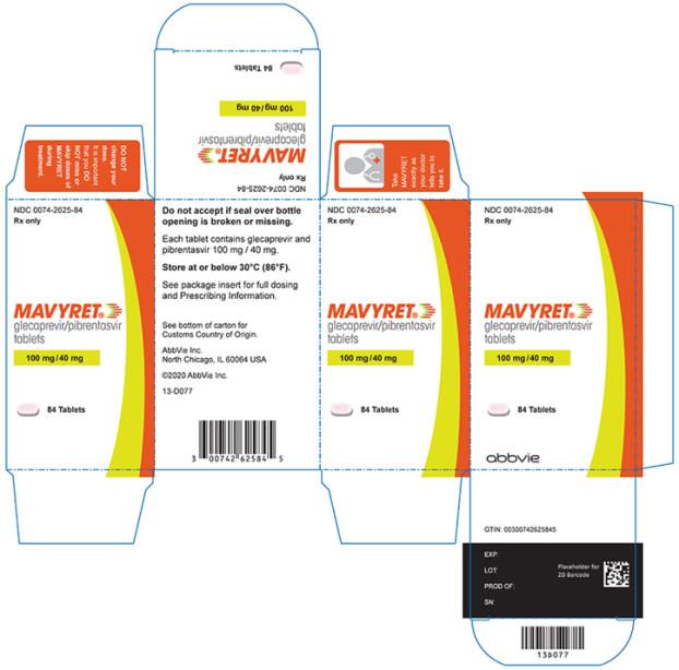 PRINCIPAL DISPLAY PANEL
NDC 0074-2625-84
Rx only
MAVYRET®
glecaprevir/pibrentasvir tablets
100 mg/40 mg
84 Tablets
Do not accept if seal over bottle opening is broken or missing.
Each tablet contains glecaprevir and pibrentasvir 100 mg / 40 mg.
Store at or below 30°C (86°F).
See package insert for full dosing and Prescribing Information.
See bottom of carton for Customs Country of Origin.
AbbVie Inc.
North Chicago, IL 60064 USA
©2020 AbbVie Inc.
abbvie
