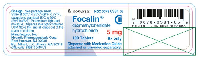 PRINCIPAL DISPLAY PANEL          NOVARTIS          NDC 0078-0381-05          Focalin®          dexmethylphenidate hydrochloride          5 mg          100 tablets          Rx only          Dispense with Medication Guide attached or provided separately.          