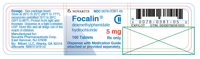 PRINCIPAL DISPLAY PANEL          NOVARTIS          NDC 0078-0381-05          Focalin®          dexmethylphenidate hydrochloride          5 mg          100 tablets          Rx only          Dispense with Medication Guide attached or provided separately.          