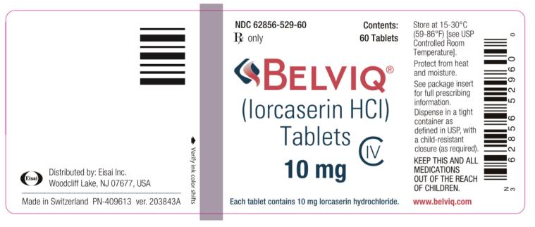 NDC 62856-529-60
Rx Only
BELVIQ
(lorcaserin HCI)
Tablets
10 mg
60 Tablets
