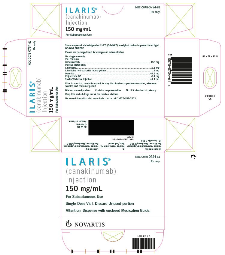 PRINCIPAL DISPLAY PANEL 
							NDC 0078-0734-61 
							ILARIS® 
							(canakinumab) 
							Injection 
							150 mg/mL
							For Subcutaneous Use
						    Single-Dose Vial. Discard Unused portion
							Attention: Dispense with enclosed Medication Guide.
							NOVARTIS
							