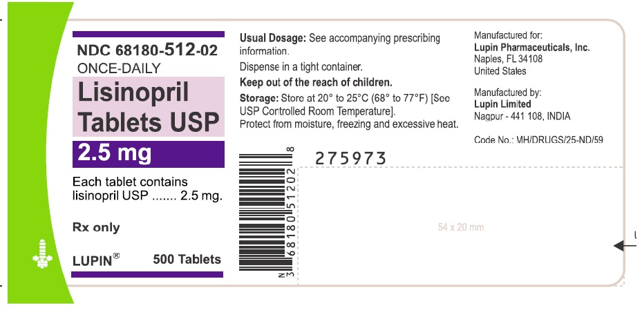 LISINOPRIL TABLETS USP
Rx Only
Lisinopril Tablets USP
2.5 mg
NDC 68180-512-02
500 Tablets