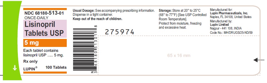 LISINOPRIL TABLETS USP
Rx Only
5 mg
NDC 68180-513-01
100 Tablets
