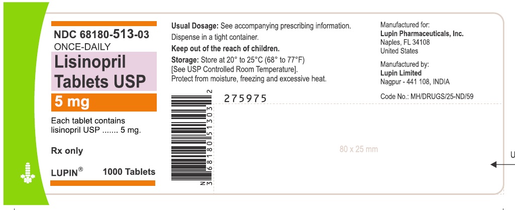LISINOPRIL TABLETS USP
Rx Only
Lisinopril Tablets USP
5 mg
NDC 68180-513-03
1000 Tablets
