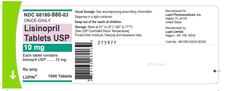 LISINOPRIL TABLETS USP
Rx Only
10 mg
NDC 68180-980-03
1000 Tablets