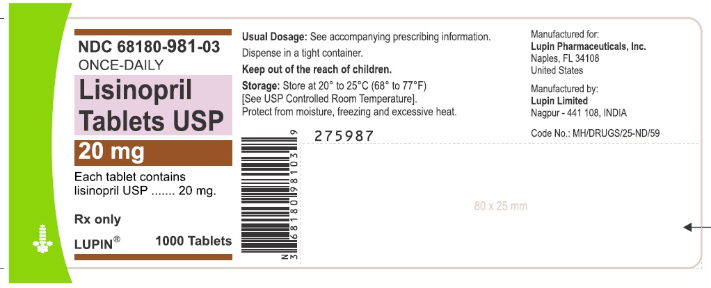 LISINOPRIL TABLETS USP
Rx Only
20 mg
NDC 68180-981-03
1000 Tablets