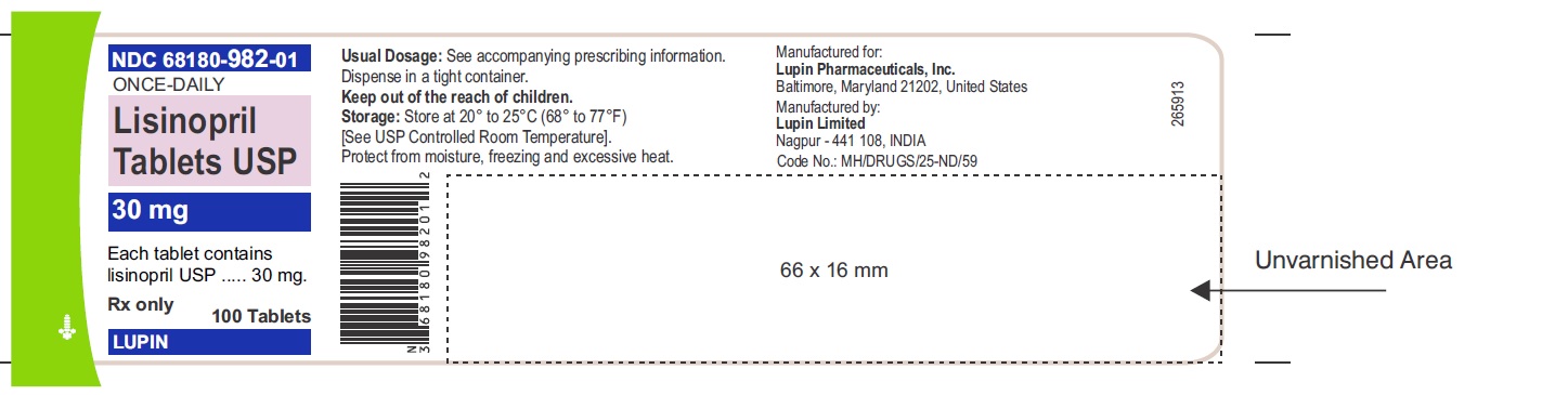 LISINOPRIL TABLETS USP
Lisinopril Tablets USP Page 20 of 29
file://mumfilesrv001/SPL_V7$/Final/SPL-Submission/2255/b1888bc5-5e29-4d4d-9ac2-682... 23/09/14
Rx Only
30 mg
NDC 68180-516-01
100 Tabl
